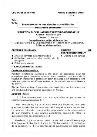 Première page de Histoire-Géographie 3e, 3e ML — 1er devoir surveillé, 2e semestre (2018-2019) · Ceg OUESSE