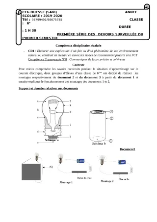 Première page de PCT 6e — 1er devoir surveillé, 1er semestre (2019-2020) · Ceg OUESSE