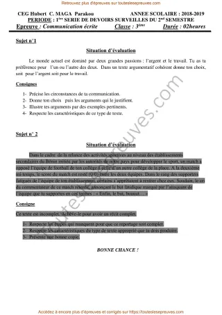 Première page de Communication écrite 3ème – 2ème semestre 2018-2019 – Sujet et corrigé du devoir (texte argumentatif et récit narratif) – CEG Hubert C Maga