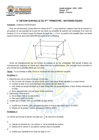 Première page de Mathématiques 4e, 4e ML — 1er devoir surveillé, 3e trimestre (2019-2020) · CPEG LE PHARAON