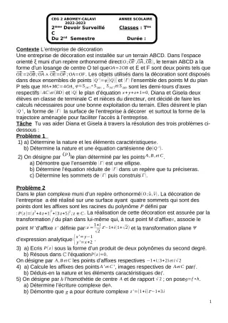 Première page de Mathématiques Tle C — Devoir surveillé, 2e semestre (2022-2023) · CEG2 ABOMEY - CALAVI (CEG ZOCA)