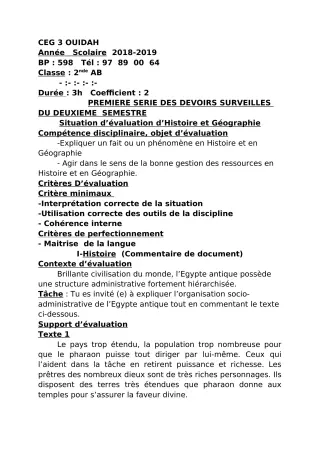 Première page de Histoire-Géographie 2nde A & B — 1er devoir surveillé, 2e semestre (2018-2019) · CEG3 OUIDAH