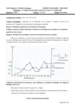 Première page de SVT 2nde A1, 2nde A2, 2nde B — Devoir surveillé, 2e semestre (2018-2019) · CEG Hubert C. MAGA