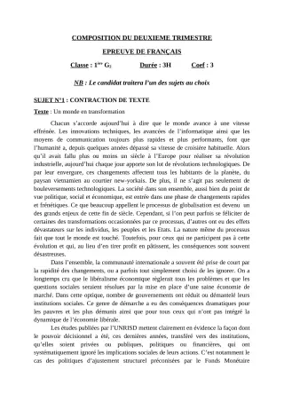 Première page de Français 6e, 5e, 4e, 4e ML, 3e, 3e ML, 2nde A2, 2nde B, 2nde C, 2nde D, 1ère A2, 1ère B, 1ère D, Tle A1, Tle A2, Tle B, Tle D — Composition, 2e trimestre (2020-2021) · CPEG AGBOZO MEGBEDJI