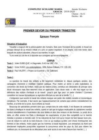 Première page de Français Tle D — 1er devoir surveillé, 1er trimestre (2019-2020) · CPEG MARIA GRACIA