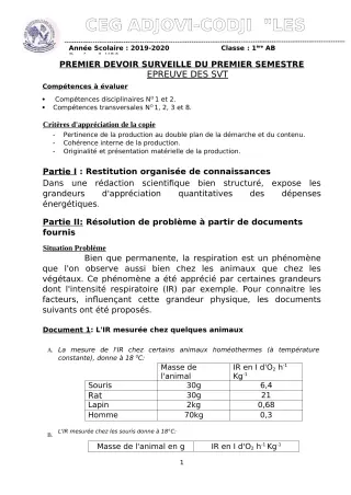Première page de SVT 1ère B — 1er devoir surveillé, 1er semestre (2019-2020) · CEG ADJOVICODJI 'LES OLIVIERS'