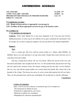 Première page de Anglais 6e, 5e, 4e, 4e ML, 3e — 1er devoir surveillé, 1er semestre (2019-2020) · CEG ADJAGBO
