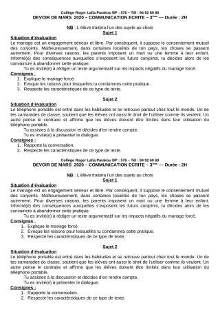 Première page de Français 3e, 3e ML — Devoir surveillé (2019-2020) · CPEG Roger LAFIA