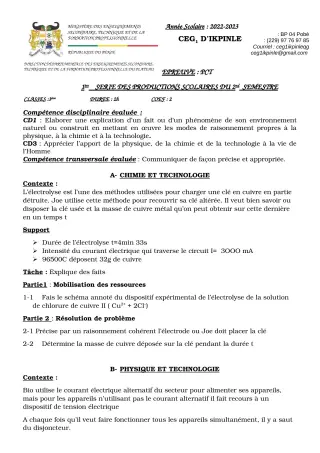 Première page de PCT 3e — 1re production scolaire, 2e semestre (2022-2023) · CEG1 Ikpinlè