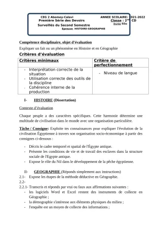 Première page de Histoire-Géographie 2nde C — 1er devoir surveillé, 2e semestre (2021-2022) · CEG2 ABOMEY - CALAVI (CEG ZOCA)