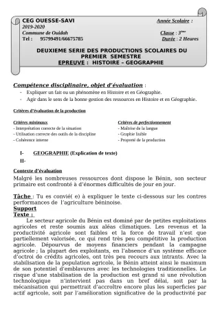 Première page de Histoire-Géographie 3e, 3e ML — 2e production scolaire, 1er semestre (2019-2020) · Ceg OUESSE