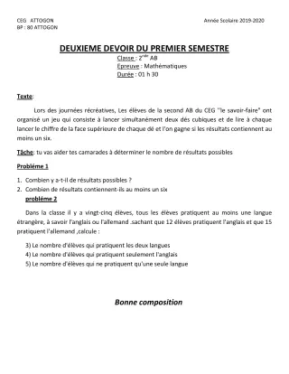 Première page de Mathématiques 2nde A & B, 2nde A1, 2nde A2, 2nde B — Composition, 1er semestre (2019-2020) · CEG Attogon