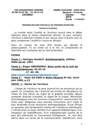 Première page de Français Tle A1, Tle A2, Tle B, Tle C, Tle D — 1er devoir surveillé, 1er semestre (2020-2021) · CEG Kouhounou-Vêdoko