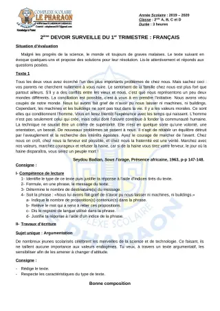 Première page de Français 2nde A, 2nde B, 2nde C, 2nde D — 2e devoir surveillé, 1er trimestre (2019-2020) · CPEG LE PHARAON