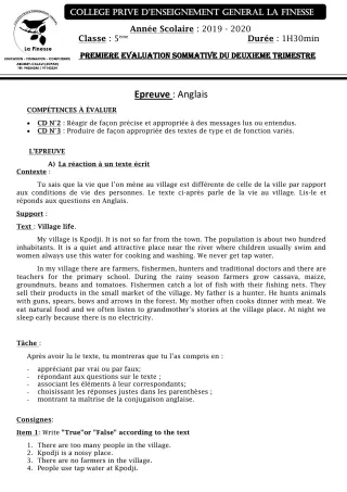 Première page de Anglais 5e — 1re évaluation sommative, 2e trimestre (2019-2020) · CPEG La Finesse