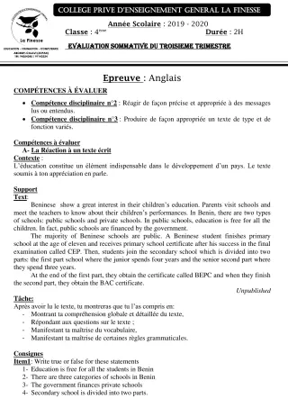 Première page de Anglais 4e — Évaluation sommative, 3e trimestre (2019-2020) · CPEG La Finesse