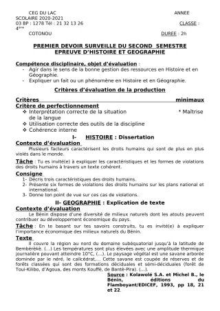 Première page de Histoire-Géographie 4e — 1er devoir surveillé, 2e semestre (2020-2021) · CEG du Lac