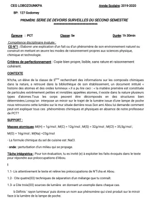 Première page de PCT 5e — 1er devoir surveillé, 2e semestre (2019-2020) · CEG Lobozounkpa
