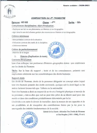 Première page de Histoire-Géographie 4e — 1re composition (2020-2021) · CPEG ROSAIRE
