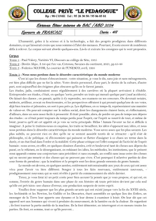 Première page de Examen Blanc de FRANCAIS — Tle A2, Tle B, Tle D — CPEG le PEDAGOGUE (2023)