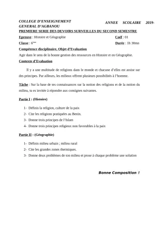 Première page de Histoire-Géographie 6e, 5e, 4e — 1er devoir surveillé, 2e semestre (2019-2020) · CEG AGBANOU