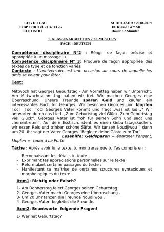 Première page de Devoir surveillé de ALLEMAND — 4e — CEG du Lac (2018)