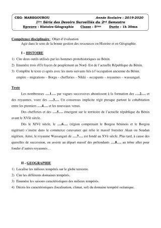 Première page de Histoire-Géographie 5e — 1er devoir surveillé, 2e semestre (2019-2020) · CEG MAREGOUROU