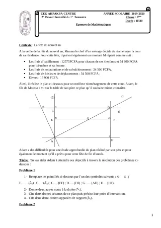 Première page de Mathématiques 6e — 2e devoir surveillé, 1er semestre (2019-2020) · CEG 1 Akpakpa-Centre