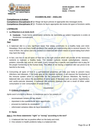 Première page de Examen Blanc de ANGLAIS — 3e, 3e ML — CPEG LE PHARAON (2019)