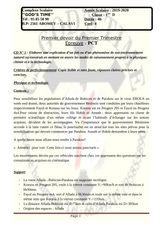 Première page de PCT 1ère D — 1er devoir surveillé, 1er trimestre (2019-2020) · CPEG GOD'S TIME