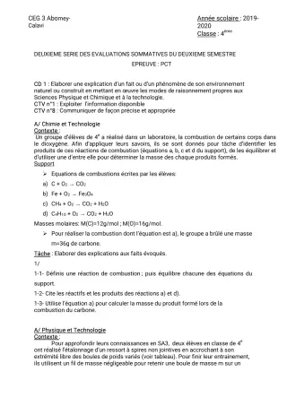 Première page de PCT 4e — 2e évaluation sommative, 2e semestre (2019-2020) · CEG3 ABOMEY CALAVI