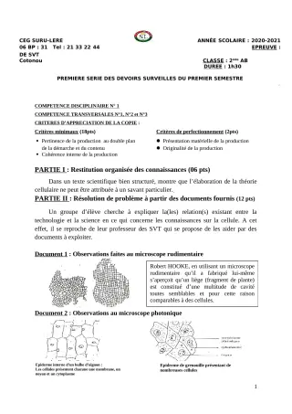 Première page de SVT 2nde B — 1er devoir surveillé, 1er semestre (2020-2021) · CEG SURU-LERE