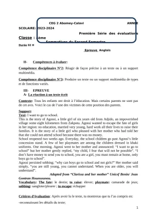 Première page de Anglais 4e — 1re évaluation sommative, 2e semestre (2023-2024) · CEG2 ABOMEY - CALAVI (CEG ZOCA)