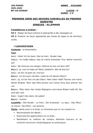 Première page de Allemand 4e — 1er devoir surveillé, 1er semestre (2021-2022) · CEG PAHOU