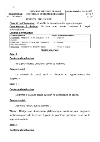 Première page de Philosophie Tle A2 — 1er devoir surveillé, 1er semestre (2019-2020) · CEG Kaïtèmè