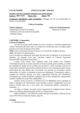 Première page de Histoire-Géographie Tle A2 — 1re évaluation sommative, 2e semestre (2020-2021) · CEG SEKERE