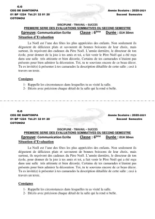 Première page de Français 6e — 1re évaluation sommative, 2e semestre (2020-2021) · CEG Dantokpa