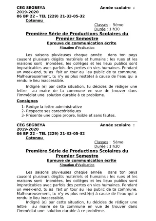 Première page de Français 6e, 5e, 4e, 4e ML, 3e, 3e ML — 1re production scolaire, 1er semestre (2019-2020) · CEG SEGBEYA