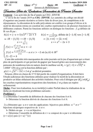 Première page de Mathématiques 1ère C — 2e évaluation sommative, 1er semestre (2019-2020) · CEG Zinvié