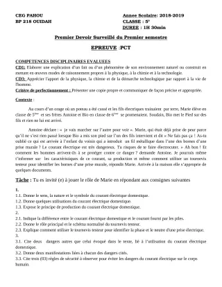 Première page de PCT 5e — 1er devoir surveillé, 1er semestre (2018-2019) · CEG PAHOU