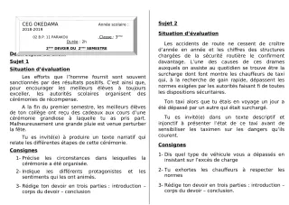 Première page de Français 3e — 2e devoir surveillé, 1er semestre (2018-2019) · CEG OKEDAMA