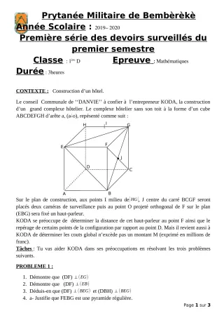 Première page de Mathématiques 1ère D — 1er devoir surveillé, 1er semestre (2019-2020) · PMB