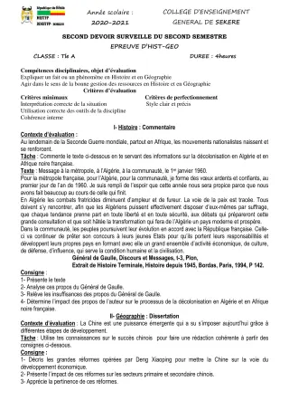 Première page de Histoire-Géographie Tle A2 — 2e devoir surveillé, 2e semestre (2020-2021) · CEG SEKERE