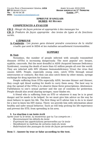 Première page de Anglais 3e, 3e ML — Devoir surveillé, 1er trimestre (2019-2020) · CPEG LICA
