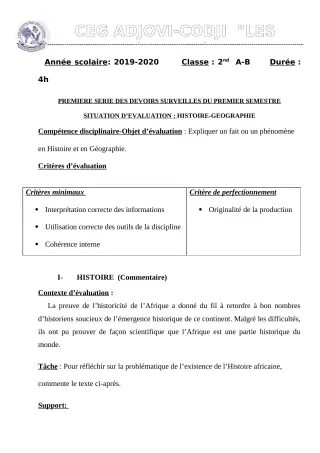 Première page de Histoire-Géographie 2nde B — 1er devoir surveillé, 1er semestre (2019-2020) · CEG ADJOVICODJI 'LES OLIVIERS'