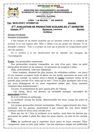Première page de Français 6e — Production scolaire, 1er semestre (2023-2024) · CPEG LA RELEVE