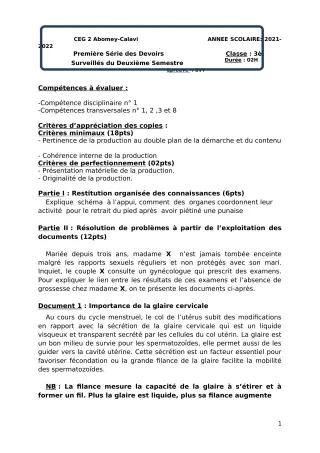 Première page de SVT 3e — 1er devoir surveillé, 2e semestre (2021-2022) · CEG2 ABOMEY - CALAVI (CEG ZOCA)