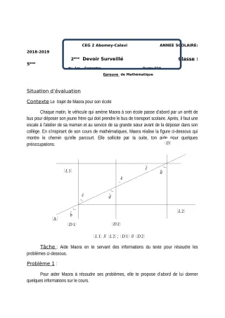 Première page de Mathématiques 5e — 2e devoir surveillé, 1er semestre (2018-2019) · CEG2 ABOMEY - CALAVI (CEG ZOCA)