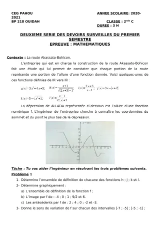 Première page de Mathématiques 2nde C — 2e devoir surveillé, 1er semestre (2020-2021) · CEG PAHOU