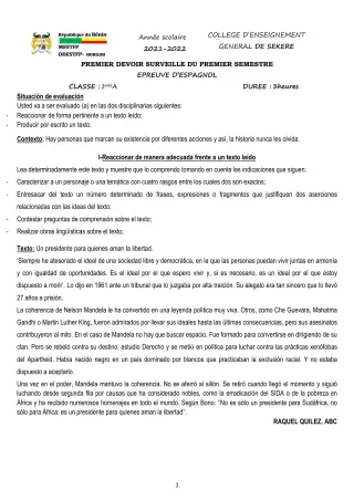 Première page de Espagnol 2nde A2 — 1er devoir surveillé, 1er semestre (2021-2022) · CEG SEKERE